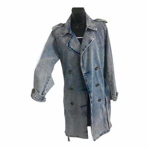 Stoosh medium wash denim military style belted trench coat size large brand new